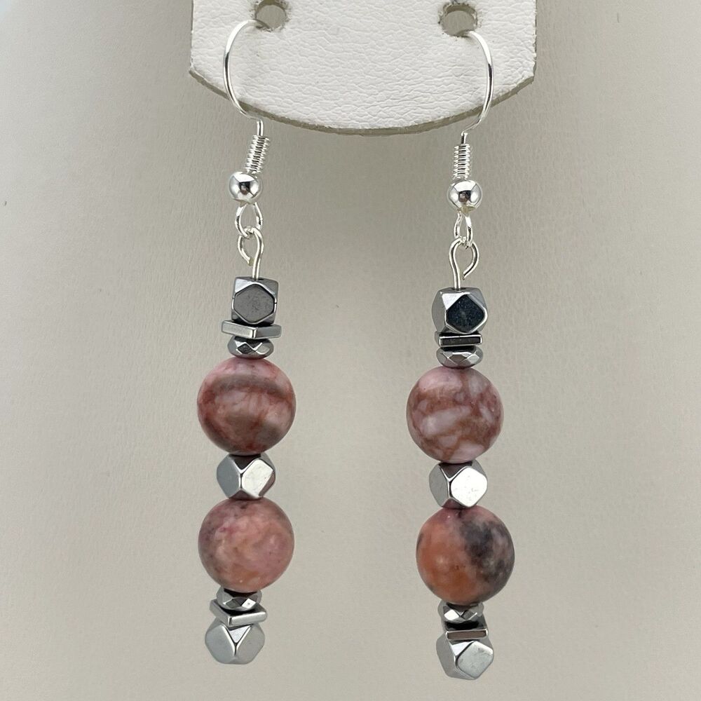 Pink Jasper Plated Hematite Beaded Dangle Earrings Silver Plated Boho Cute